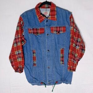 Vintage 90s Street Legends Blue Denim Jacket W Red Plaid Sleeves & Trim S Grunge